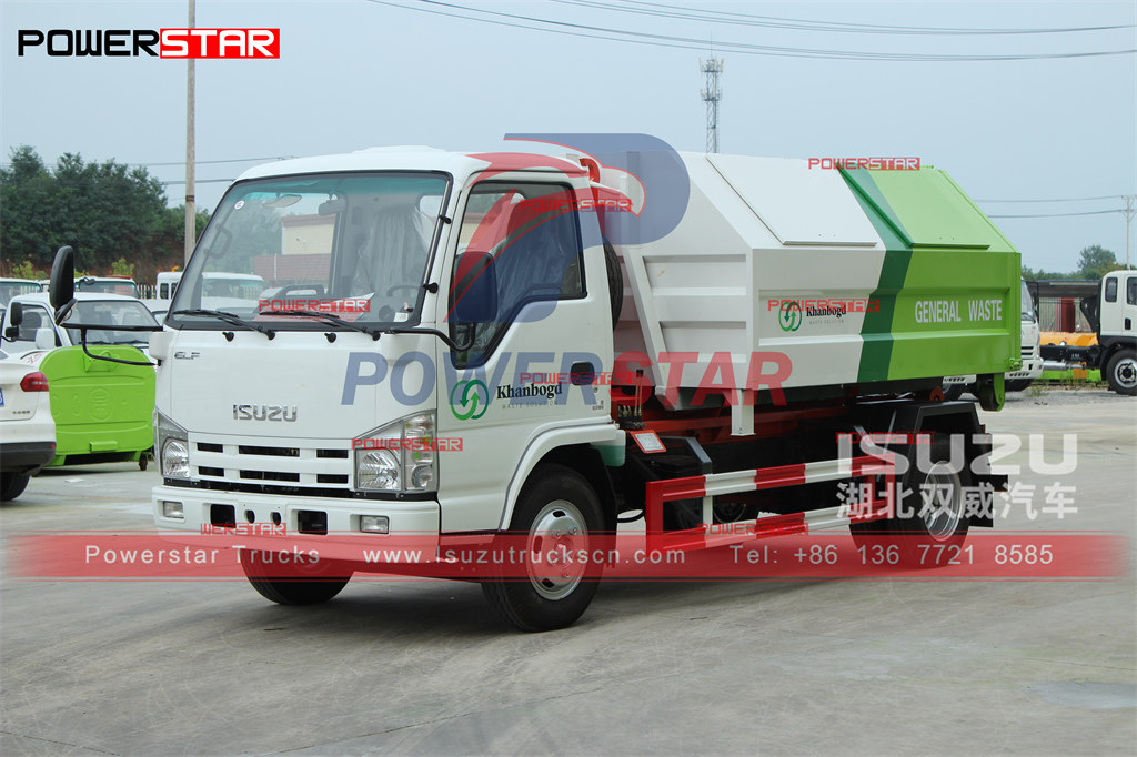 Экспорт мусоровозов ISUZU mini ELF 5cbm с крюковым погрузчиком в Монголию из порта Эренхот
