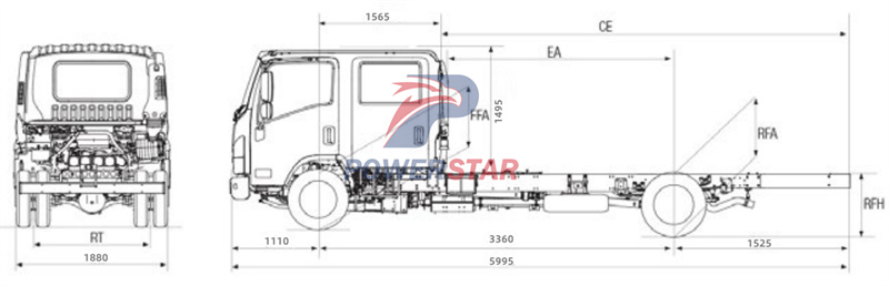 Технический чертеж шасси грузового автомобиля с двойной кабиной Isuzu ELF NQR NKR